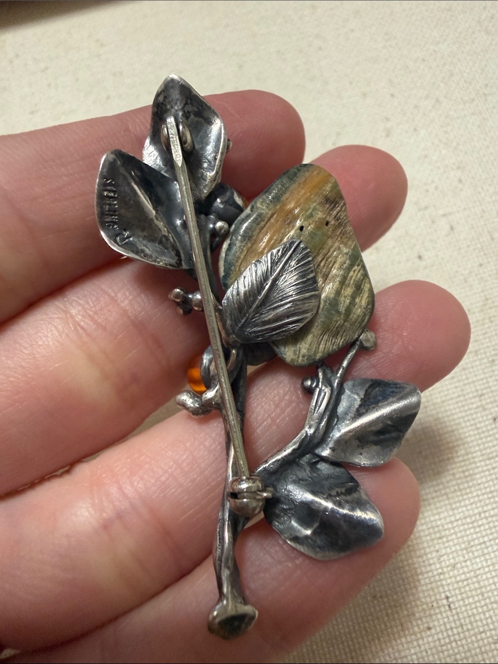 Sterling Silver Botanical Brooch W/Abalone & Accents of Amber & Malachite Stone - Picture 11 of 12